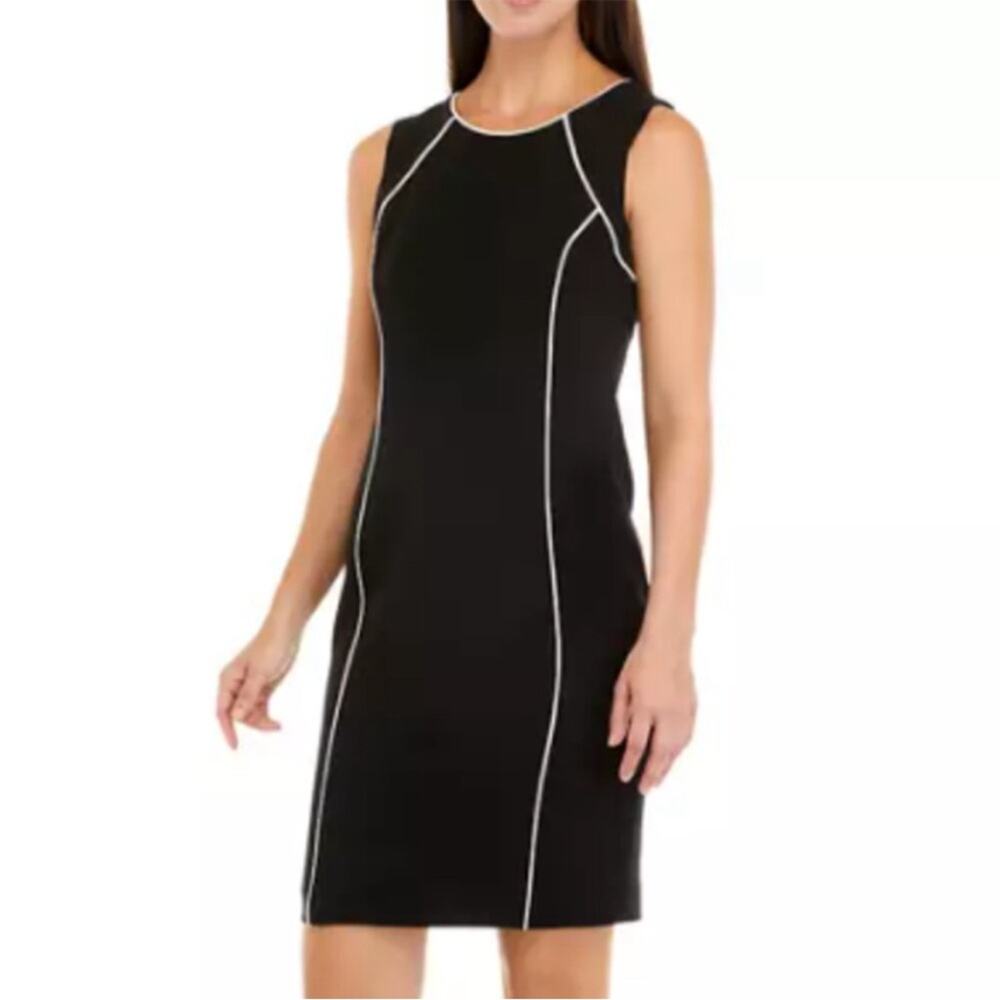 Kasper Sheath Dress Sleeveless Round Neck Black White Trim Women’s Size 18